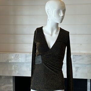 Sky Sparkly Deep V-Neck Black & Gold Asymetric Belt Detail Top Size Small NWT